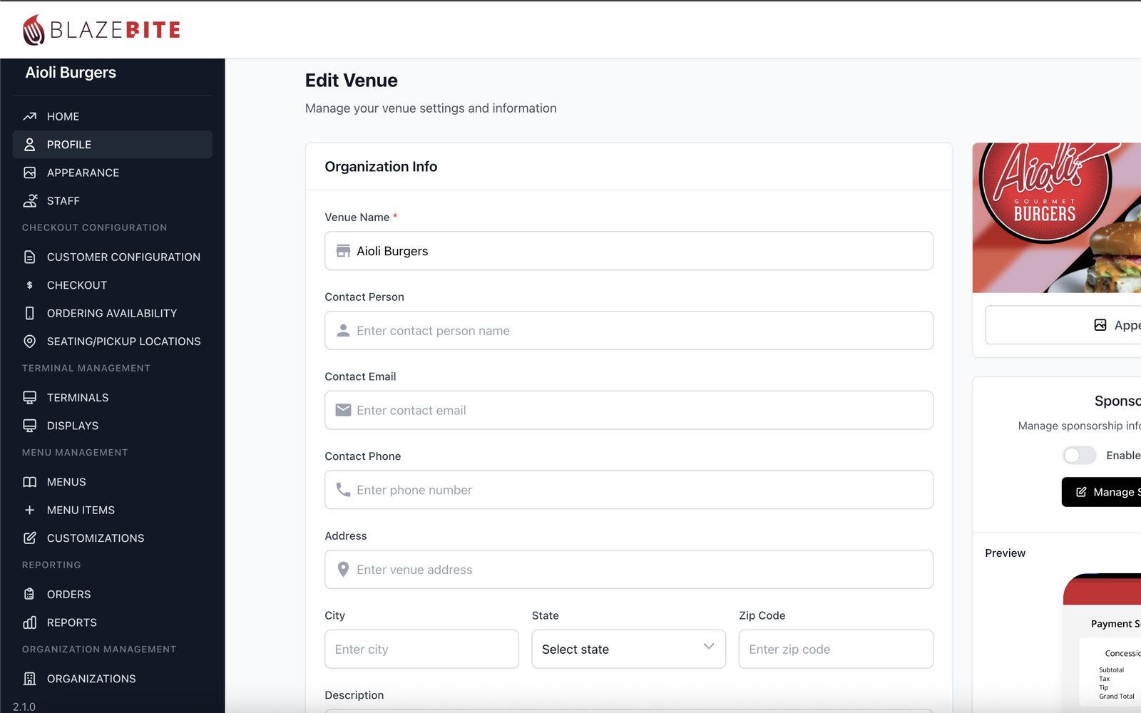 BlazeBite Venue Portal live screenshot